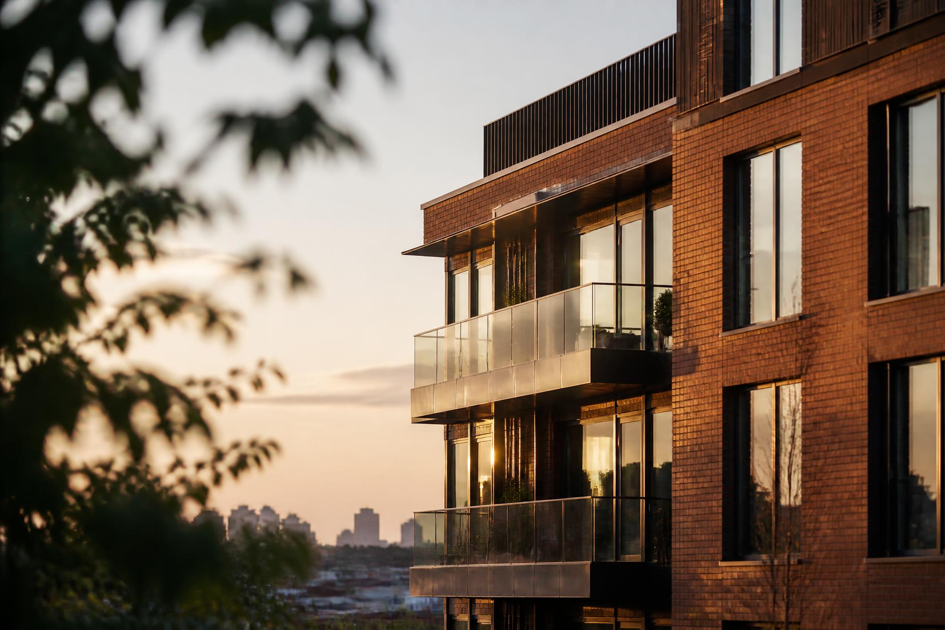 Modern UK residential apartment building at golden hour